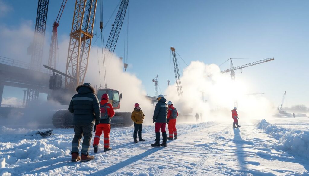 zima na budowie w Niemczech, praca w trudnych warunkach, budowa w Niemczech.